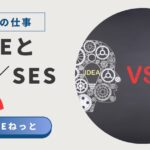 歯車で構成された2つの人型シルエットの中央に「VS」の文字があり、左右に「IDEA」と書かれた電球がある。左に「社内SEとSler／SESの違い」というテキストがあるブログ用バナー画像