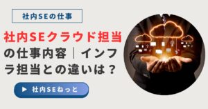 スーツ姿の人物が手のひらに浮かぶオレンジ色のクラウドアイコン群を支え、下にはノートPCやスマホなど複数端末のシルエットが垂れ下がっている円形イラスト。タイトルに「社内SEクラウド担当の仕事内容｜インフラ担当との違いは？」と書かれたブログ用アイキャッチ。