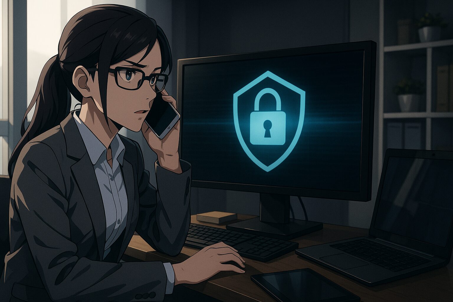 眼鏡の女性社内SEがスマホで通話しながら、鍵マークが映るPCモニターを確認しているオフィスシーン