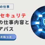 青いバイナリ背景に盾アイコンと円状に並ぶフォルダ。タイトル『社内SEセキュリティ担当の仕事内容とキャリアパス』を示すアイキャッチイラスト。
