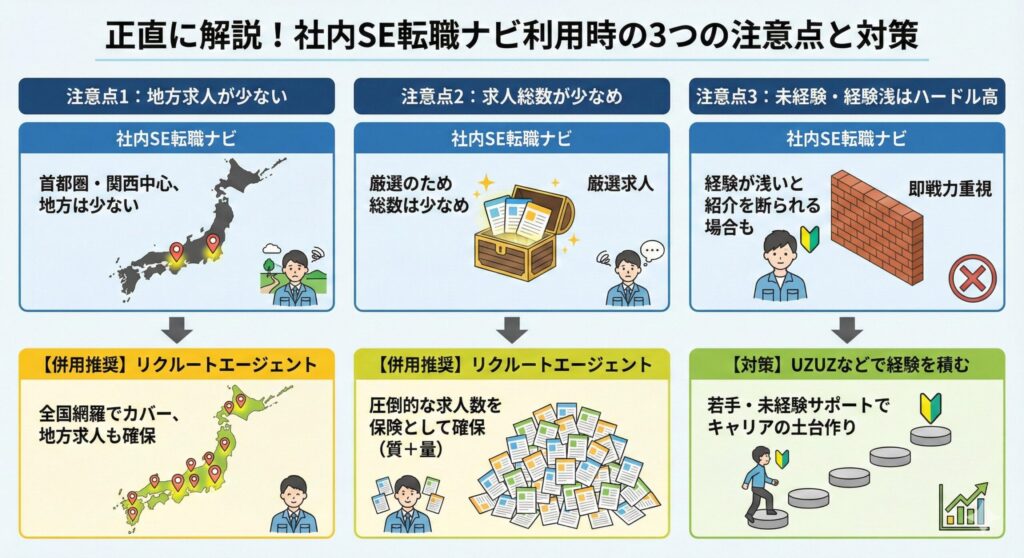 社内SE転職ナビの利用前に知っておくべき3つの弱点(地方求人の少なさ、求人数の限定性、未経験者・経験浅への高いハードル)と、それらをカバーするための具体的な解決策(リクルートエージェントやUZUZとの併用活用)をまとめた図解
