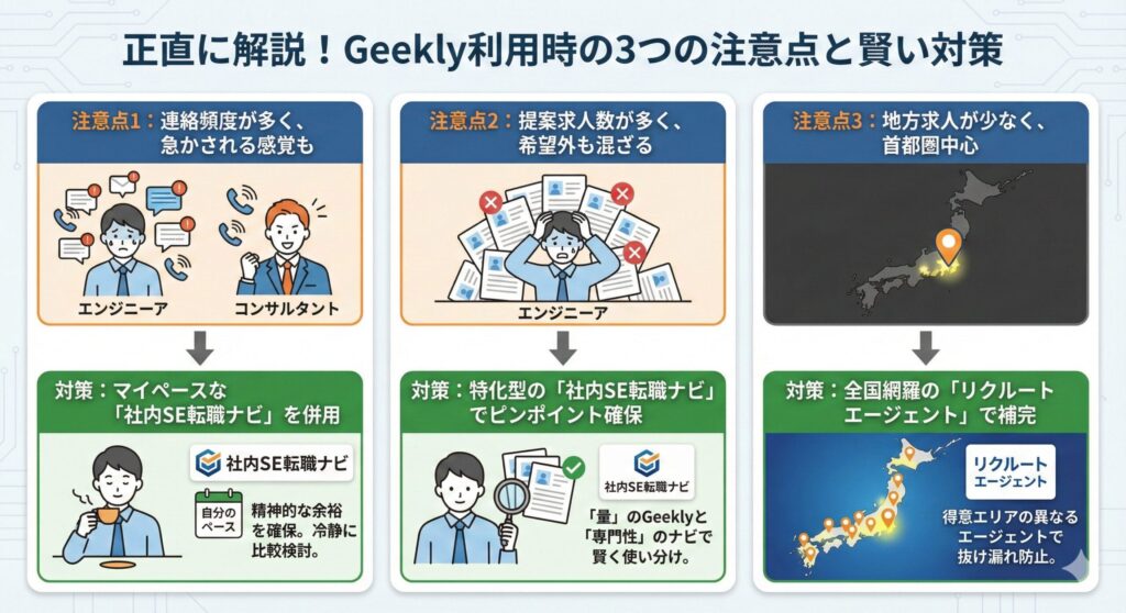 Geekly利用前に知っておくべきデメリットや注意点(連絡の多さ、求人の雑多さ、地方の弱さ)と、それらを補うための具体的な対策(社内SE転職ナビやリクルートエージェントとの併用戦略)をまとめた図解