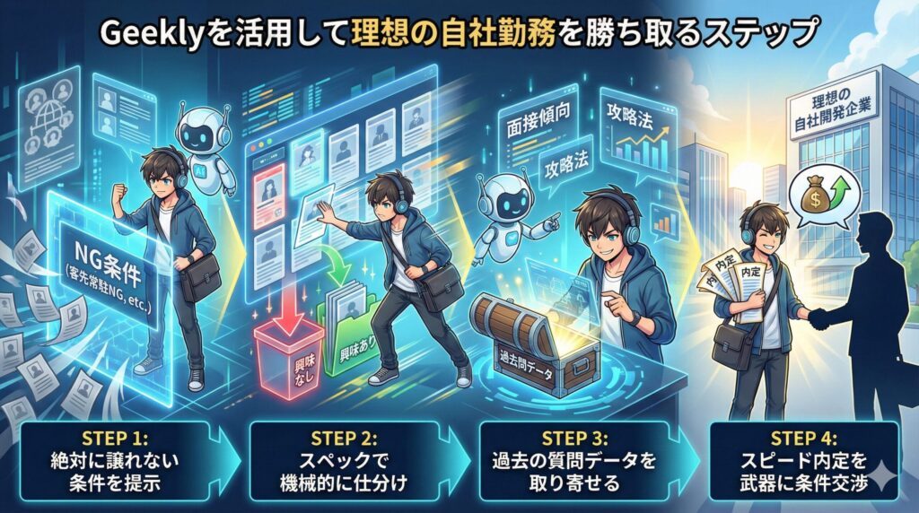 Geeklyを活用して理想の自社勤務を勝ち取る4つの戦略的ステップのイラスト