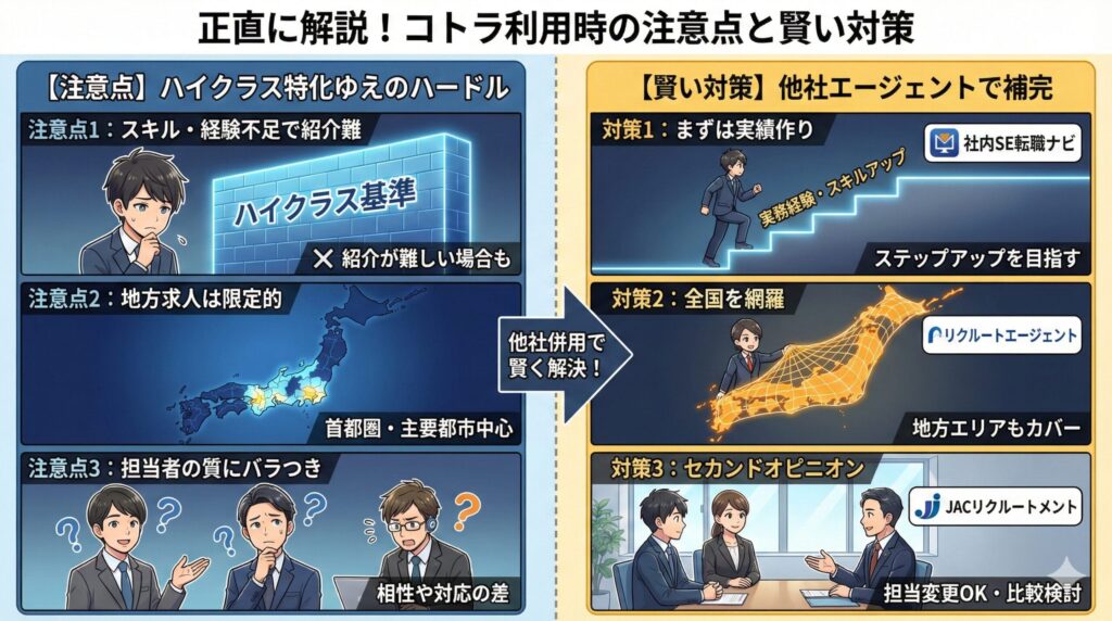 コトラ利用時の3つの注意点と他社併用による賢い対策を解説したイラスト