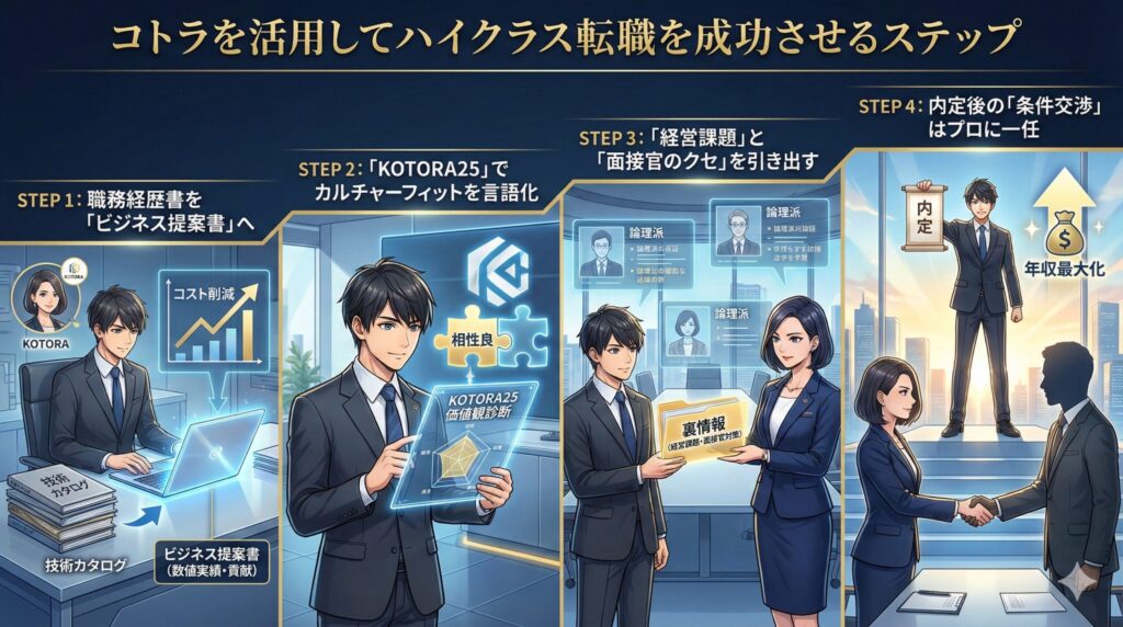 コトラを活用してハイクラス転職を成功させる4つの戦略的ステップのイラスト