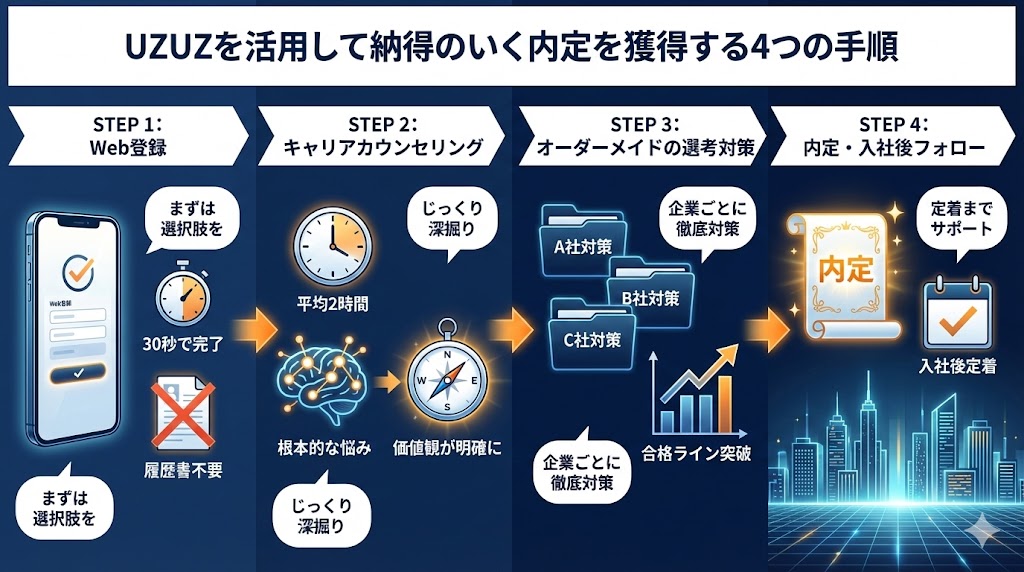 UZUZを活用して納得のいく内定を獲得する4つの手順:30秒登録、丁寧なカウンセリング、オーダーメイド対策、入社後フォローまでをアニメ調で解説