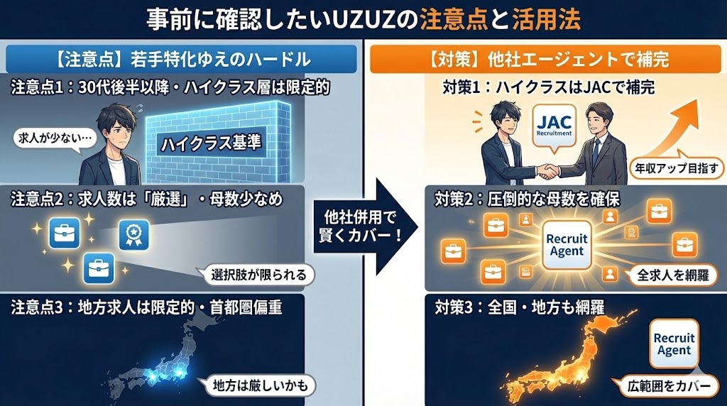 UZUZ利用時の3つの注意点(ハイクラス、求人数、地方)と他社併用による対策を解説したイラスト