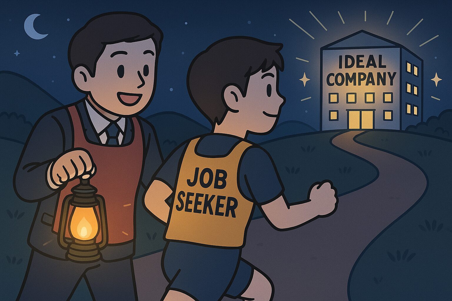 キャリアアドバイザーがランタンで道を照らしながら、転職活動中の男性とともに「IDEAL COMPANY」と書かれた理想の会社に向かって進んでいる夜のイラスト