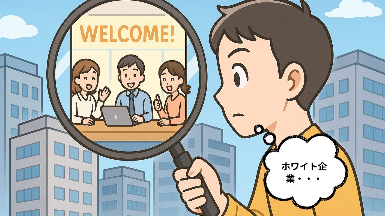 求職者の男性が「ホワイト企業…」と考えながら、ビル群の中から拡大鏡で働きやすそうな会社を探しているイラスト
