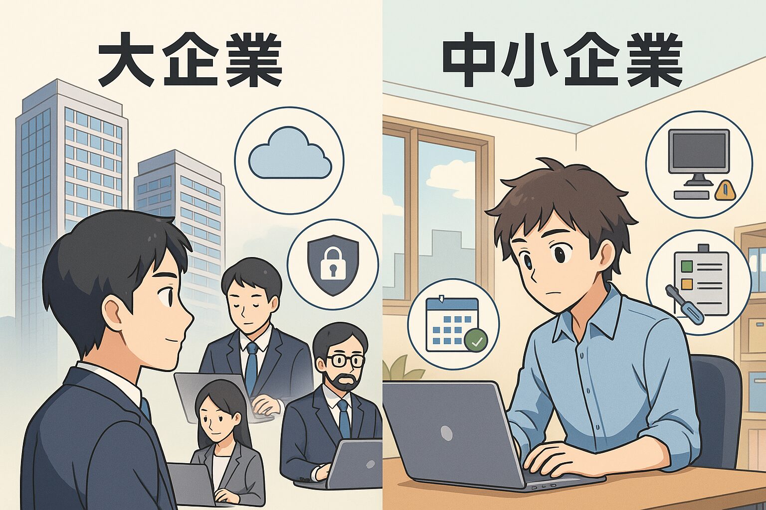 大企業の社内SEと中小企業の社内SEの働き方を比較するイラスト。左側には大きな組織図の中で一つの役割を担う人物、右側には一人でPCやサーバーなど複数のIT機器を管理する人物が描かれている。