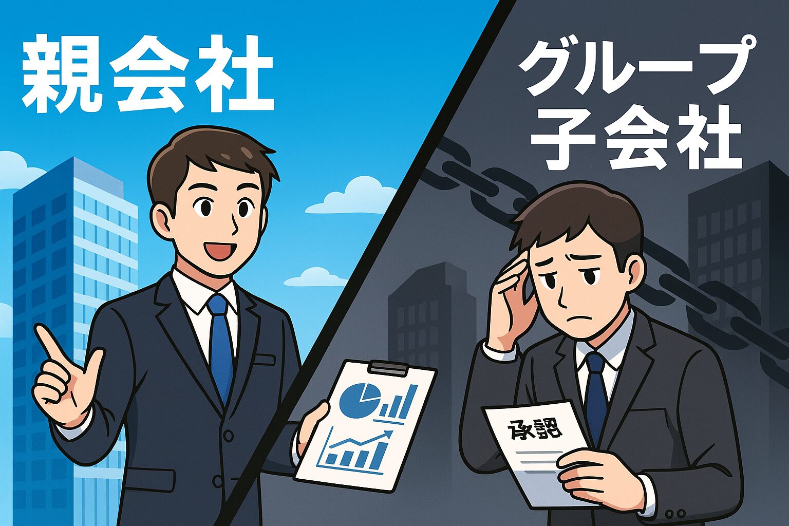 親会社とグループ子会社の社内SEの立場の違いを比較するイラスト。左の親会社の社員は自信を持って戦略を示し、右の子会社の社員は「承認」の書類を手に頭を抱えている。