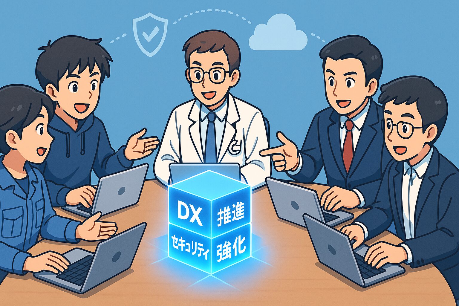 異なる業界の社内SEたちが協力し、DX推進とセキュリティ強化という共通の課題に取り組んでいる様子を示すチームワークのイラスト。