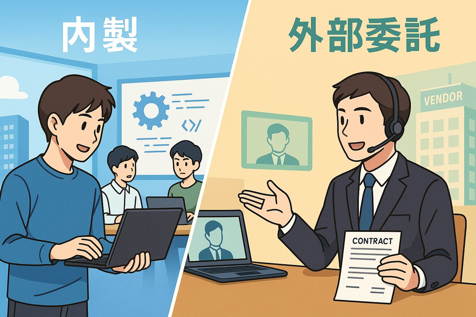 内製開発と外部委託管理の社内SEを比較するイラスト。左側には集中してコードを書くエンジニア、右側には外部ベンダーと打ち合わせをするプロジェクトマネージャー風の人物が描かれている。