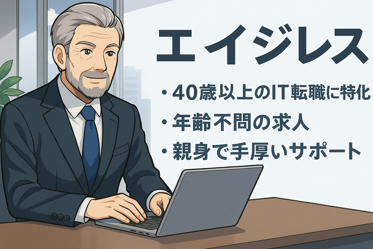 エイジレスで年齢の壁を越える。40代以上のベテランIT技術者が、経験を価値に変えて社内SEとして活躍するイメージイラスト。