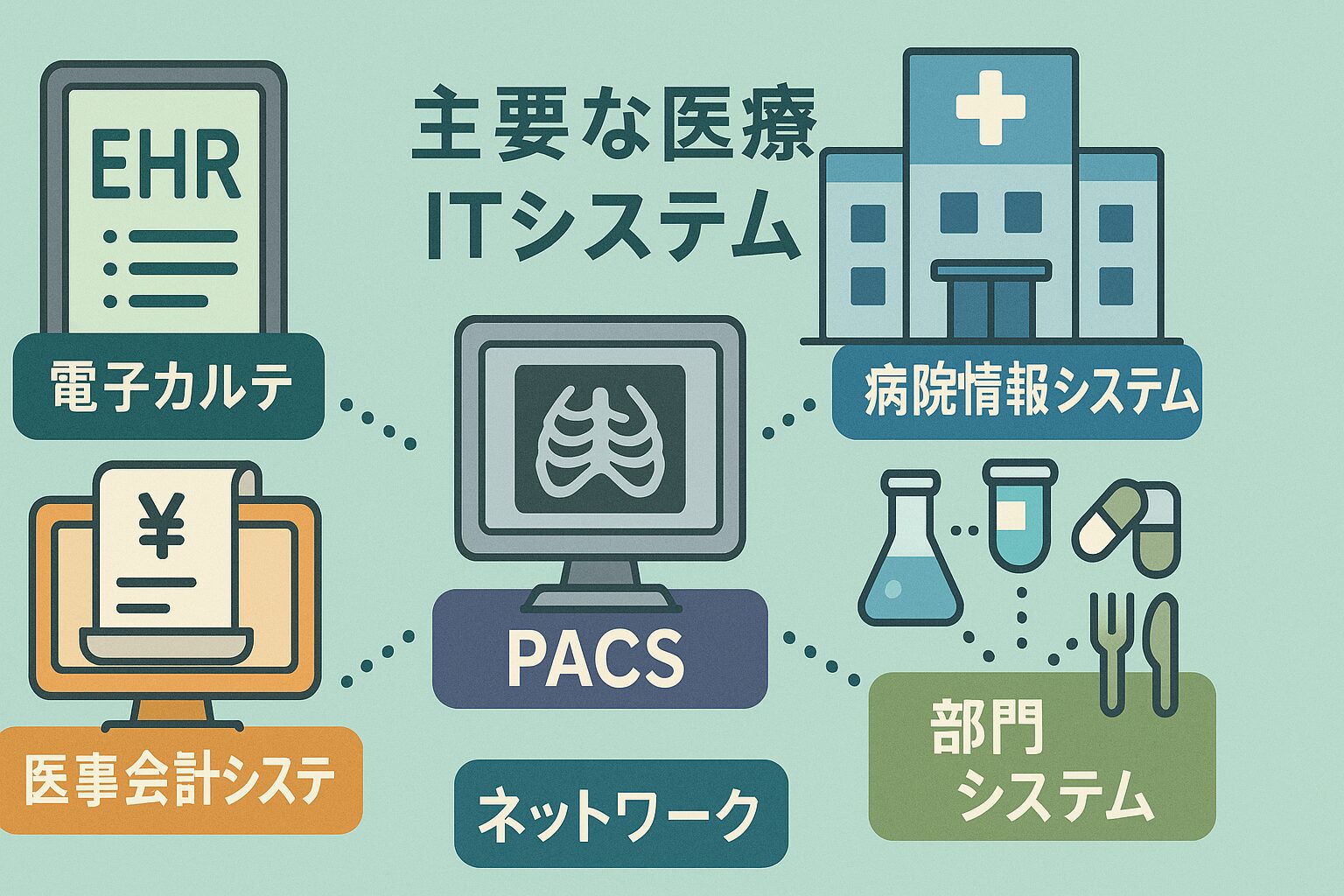 電子カルテを中心に、HISやPACS、各種部門システムが連携している医療情報システムの構成図