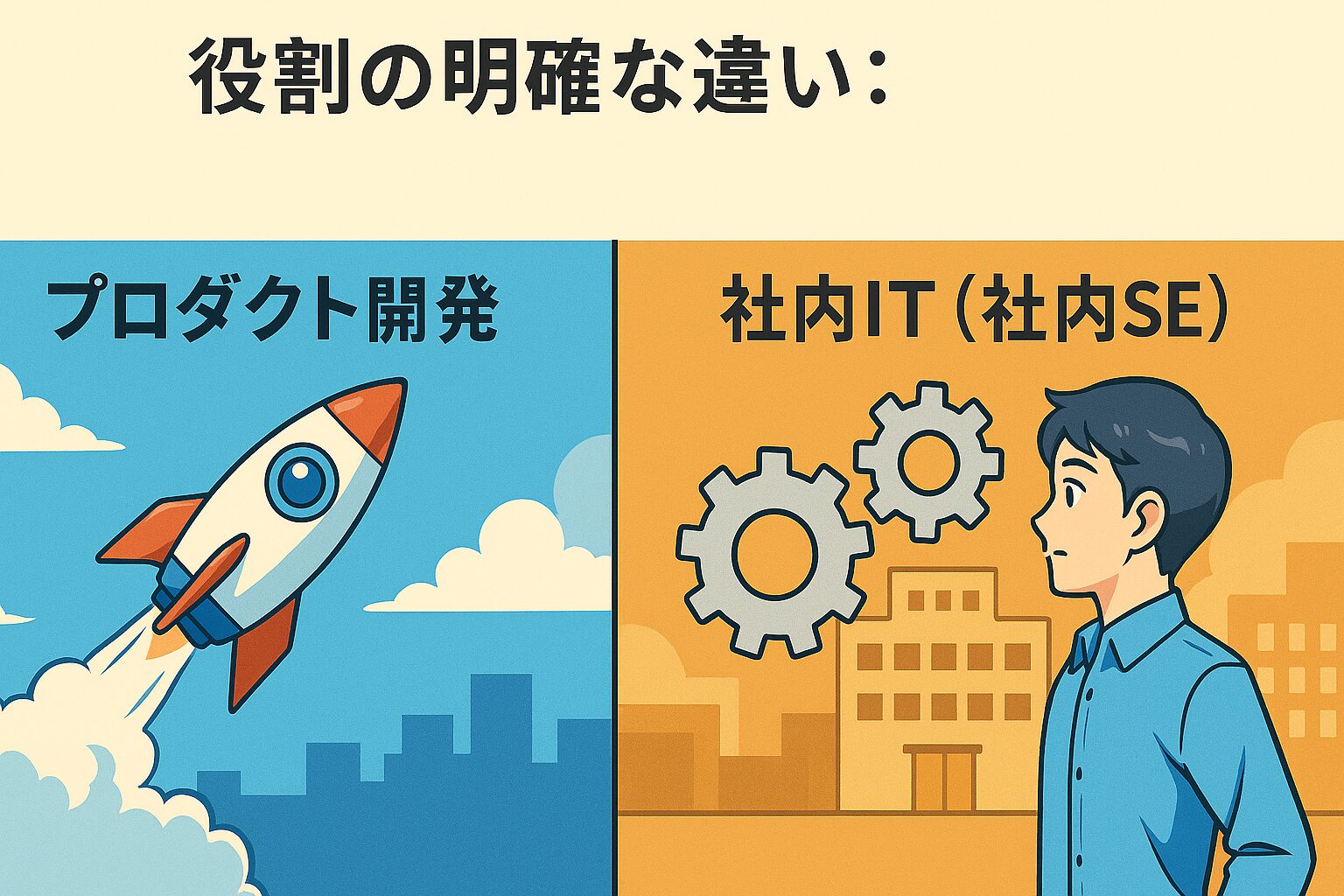 プロダクト開発と社内ITの役割を比較するイラスト。左側には外部顧客に向かうロケット、右側には社内組織を表す歯車が描かれている。