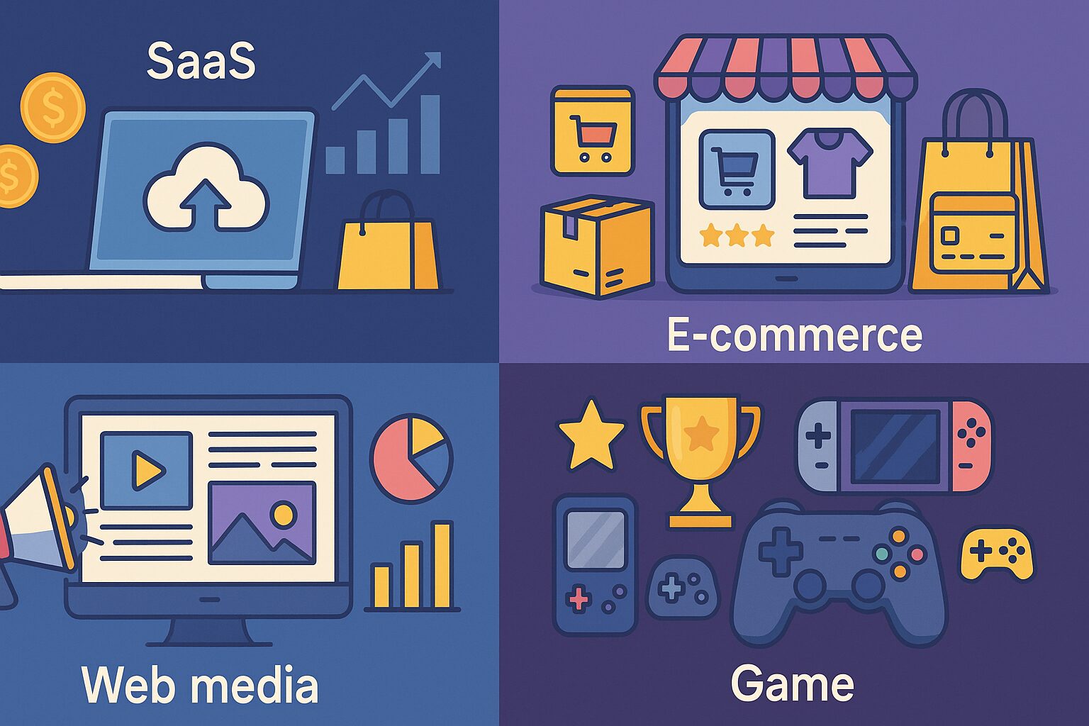 ITWEB業界の主要4セグメント(SaaS、Eコマース、Webメディア、ゲーム)を象徴するアイコンが並んだイラスト。