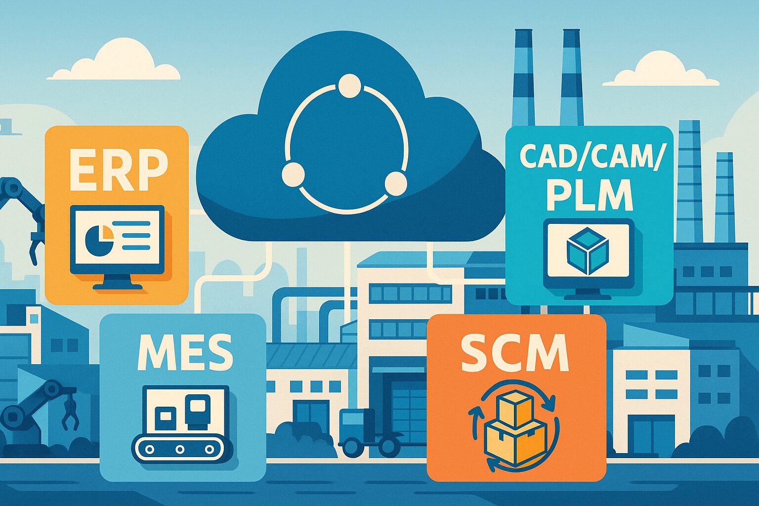 ERPを中心にMES、SCM、PLMなどの専門システムが連携している構成図