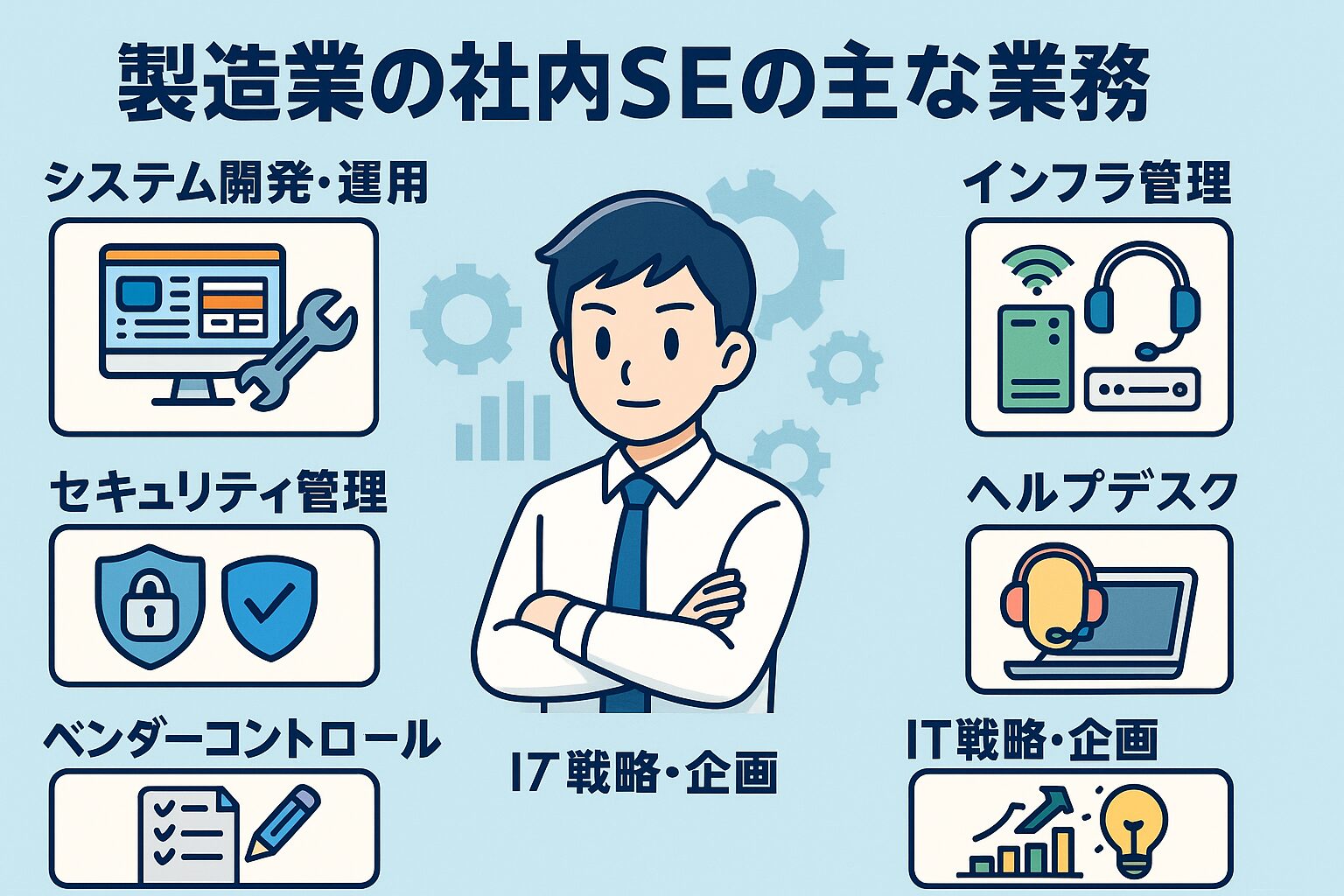 多くの業務の中から自らのキャリアパスを考える社内SEのイラスト