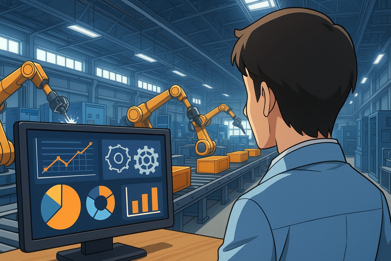 工場の生産ラインを背景に、モニターでデータを分析する社内SEのイラスト