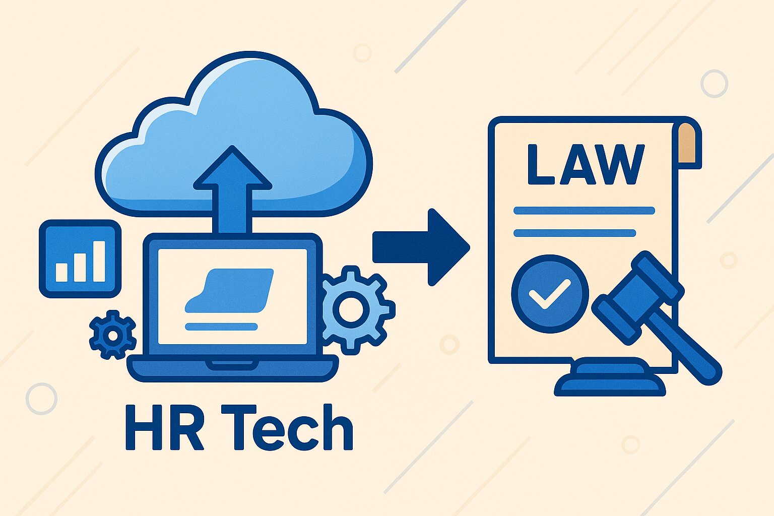 HRテックと法律の関連性を示すイラスト。左側にPCとクラウドからなる『HR Tech』のアイコンがあり、右側の『LAW』と書かれた法律の書類と法槌に矢印が向かっている。
