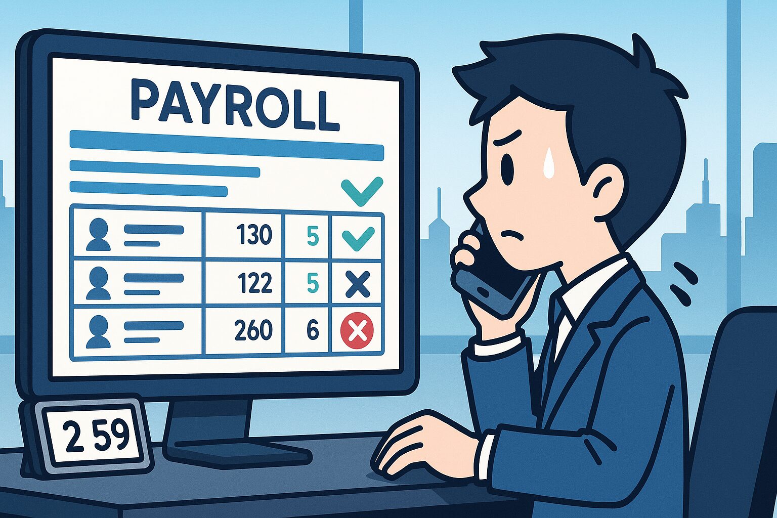 給与計算(PAYROLL)システムのエラー画面を見て、焦った表情で電話をするスーツの男性。派遣社員の勤怠データに不備があり、トラブル対応に追われている様子。