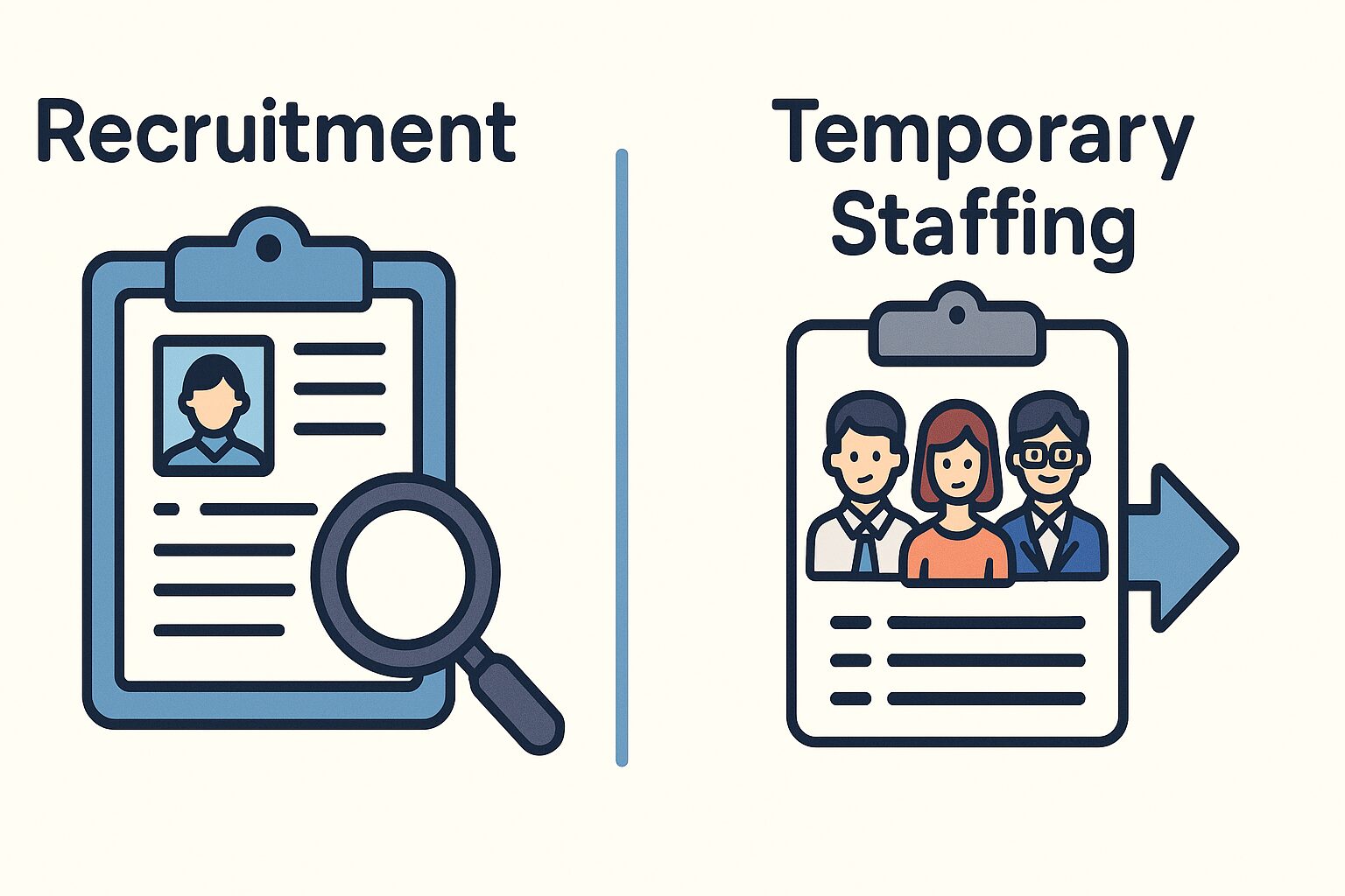 人材紹介と人材派遣の比較イラスト。左に虫眼鏡で履歴書を見る『Recruitment』、右に複数の人材がリストアップされた『Temporary Staffing』と描かれている。