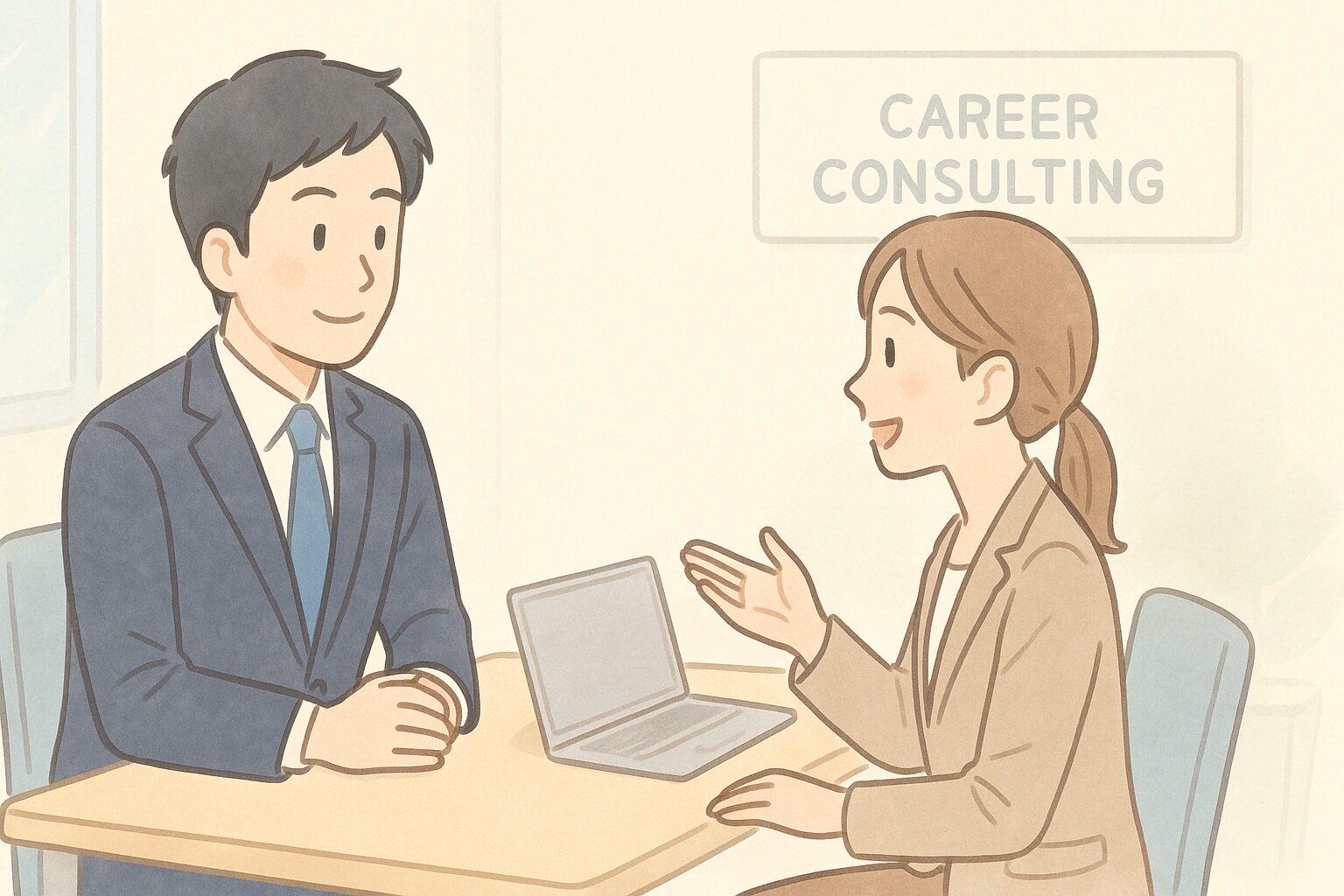 転職エージェントと 1 対 1 で相談する男性と女性カウンセラーのイラスト