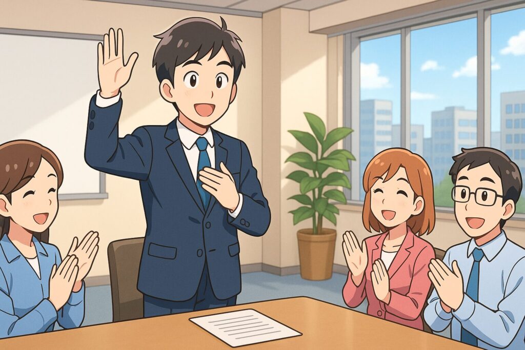 転職後の初日を描いたアニメ調イラスト。会議室で自己紹介する男性と、拍手で歓迎する同僚たち
