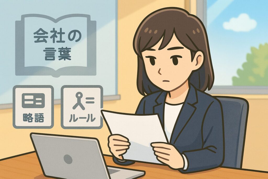 社内ドキュメントを真剣に読み込む女性社員。背景に本やルールを示す記号が描かれ、会社文化を学ぶ様子を表した挿絵