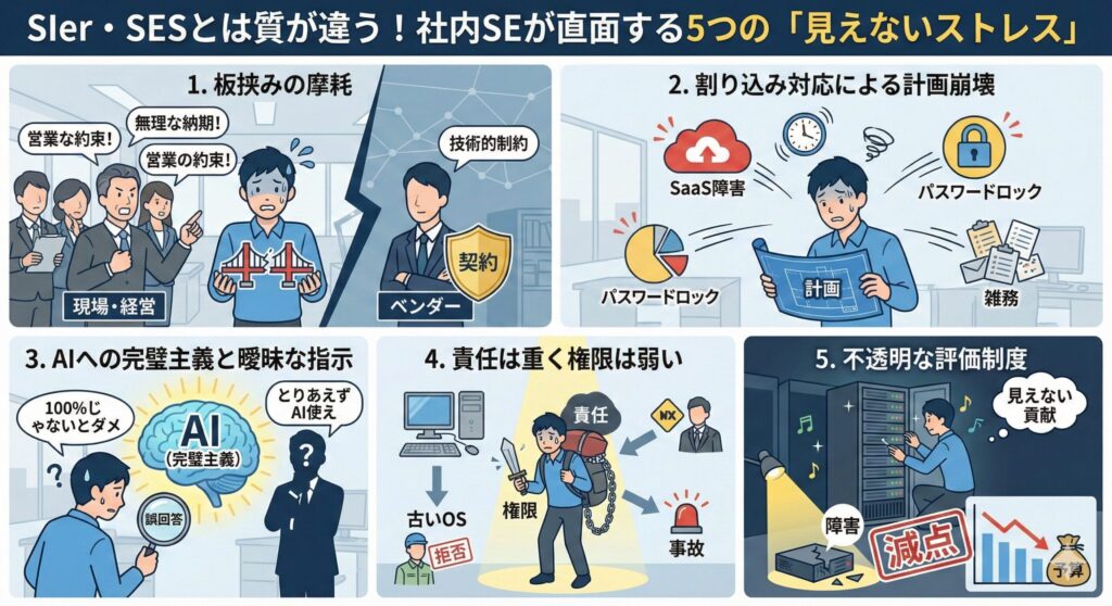 SIer・SESとは異なる、社内SEが直面する5つの「見えないストレス」を具体的に描写したインフォグラフィック