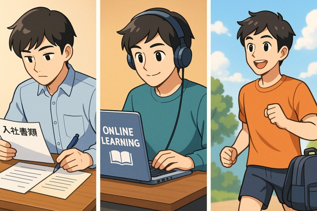 入社準備の三分割イラスト。左は入社書類の確認、中央はオンライン学習、右はジョギングによるリフレッシュを描いたアニメ風イラスト