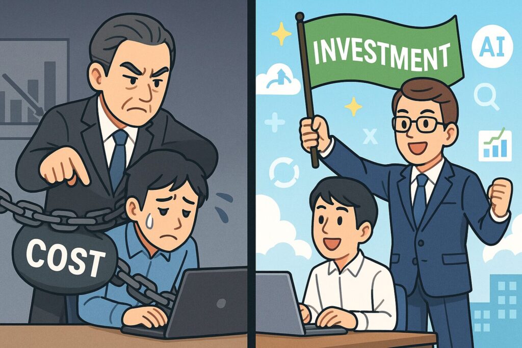 ITをコストとみなす企業と投資とみなす企業の対比イラスト