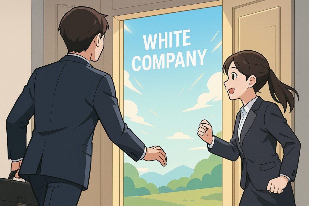 光が差し込むホワイト企業の扉に向かう男女のビジネスシーン