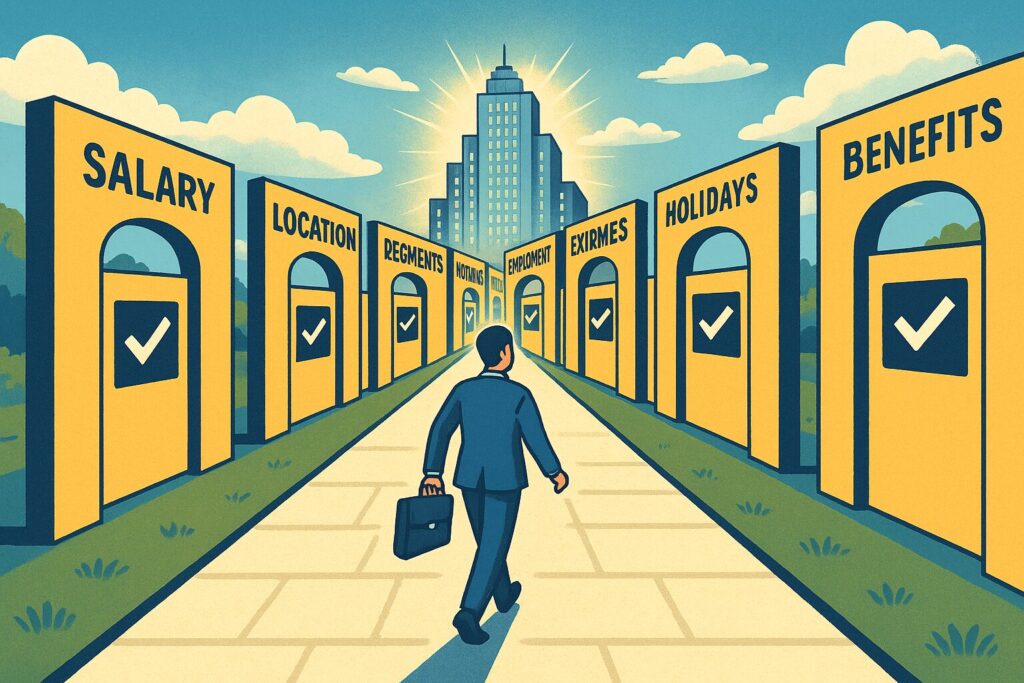 12のチェックゲートを通過しながら未来のオフィスタワーへ進む社内SEのイラスト