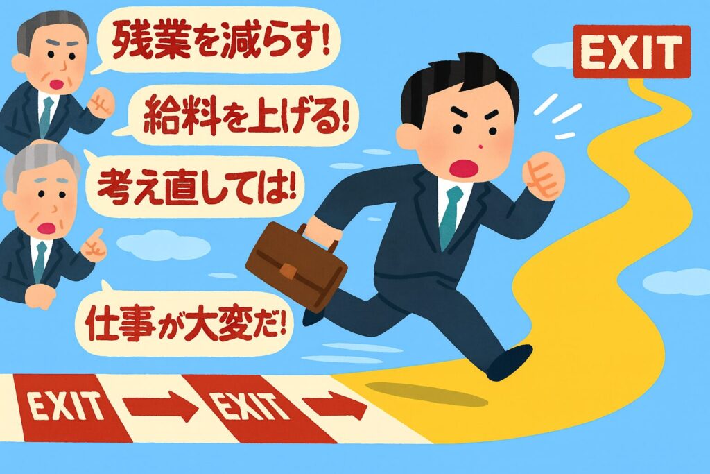 退職交渉で上司の引き止めをかわしながらEXITに向かうビジネスパーソンのアニメ風イラスト