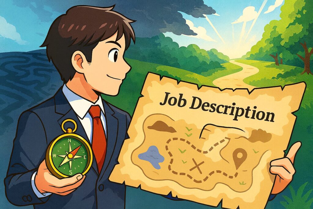 「Job Description」と書かれた地図を手に、自分軸でキャリアを考える若い男性のアニメ風イラスト。
