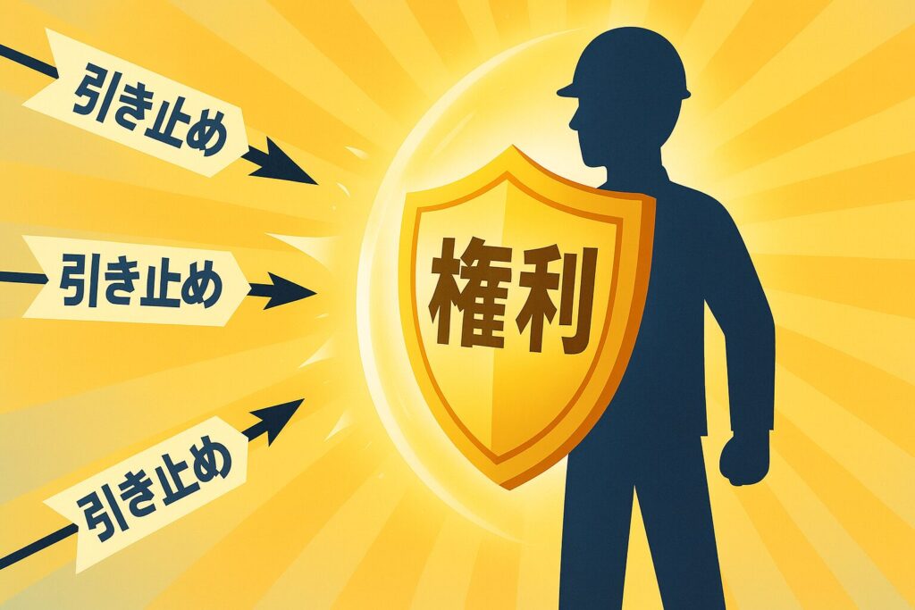 中央の人物が「権利」と書かれた盾で、会社からの「引き止め」の矢を防ぐ構図。退職交渉が交渉ではなく権利であることを強調する図解
