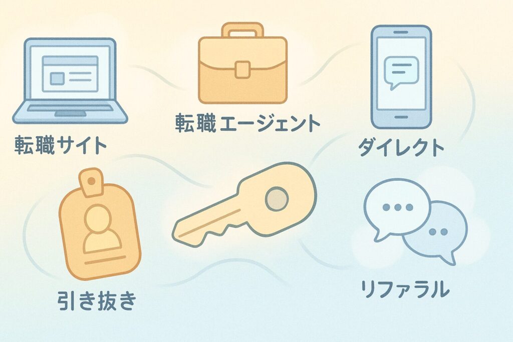 社内SEへの転職チャネル5種（転職サイト・エージェント・ダイレクト・引き抜き・紹介）を示すアニメ調アイコン図