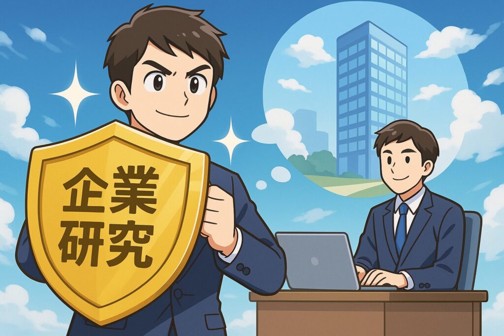自分の未来を守るために企業研究を「投資」として捉える若いビジネスマンのイラスト