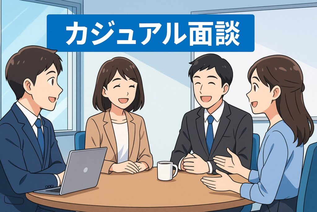 社内SE転職における最後の見極めを表すアニメ風イラスト。会議室で社員が丸テーブルを囲み、笑顔でカジュアル面談をしている