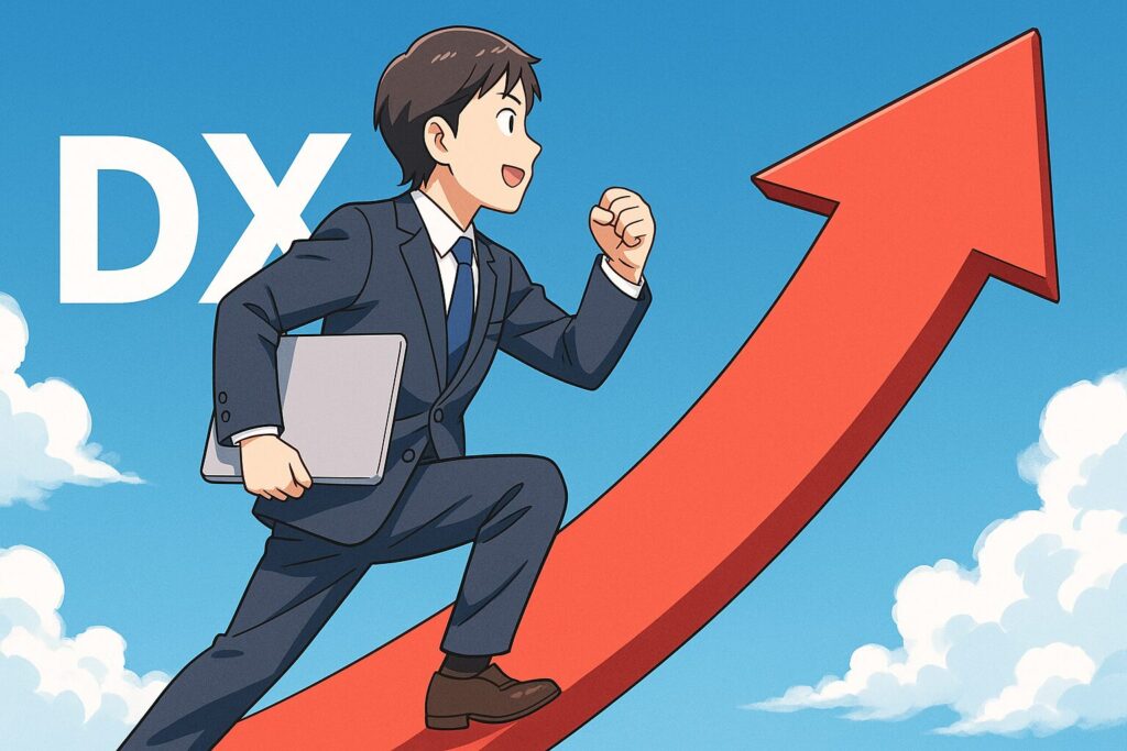 第二新卒の若手が赤い上昇矢印を駆け上がり「DX」需要を追い風にキャリア加速を象徴するアニメ風イラスト