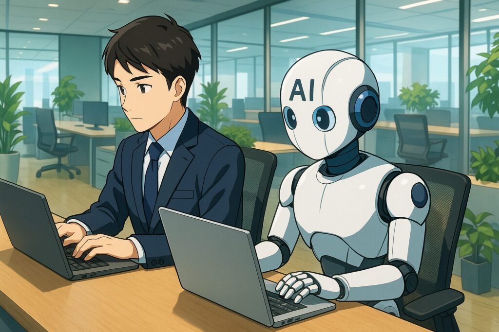 ガラス張りオフィスでAIロボと人間が横並びでタイピングする協働シーン
