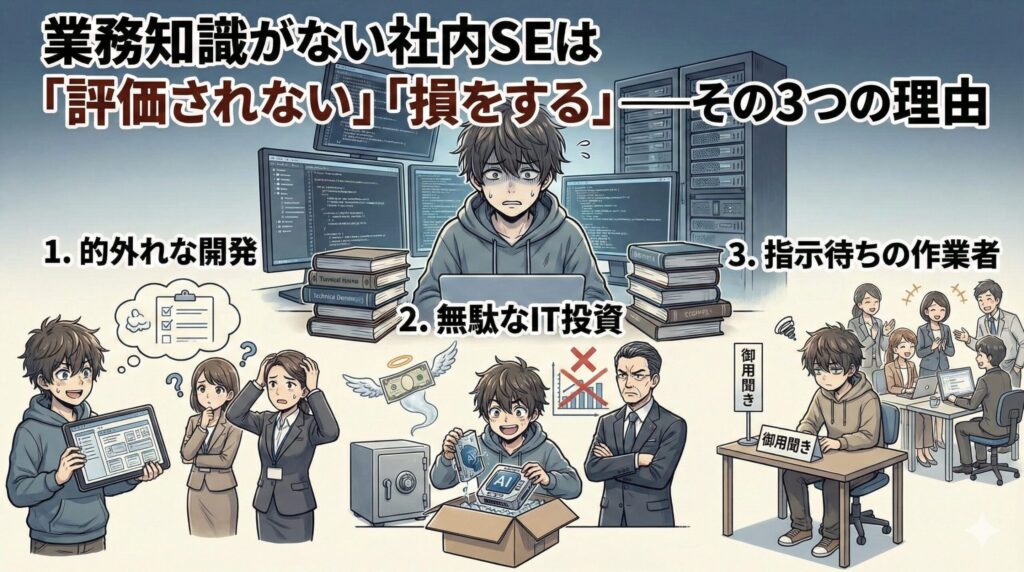 業務知識が不足している社内SEが陥る「的外れな開発」「無駄なIT投資」「指示待ちの作業者」という3つのネガティブな状況を描いたアニメ調イラスト。