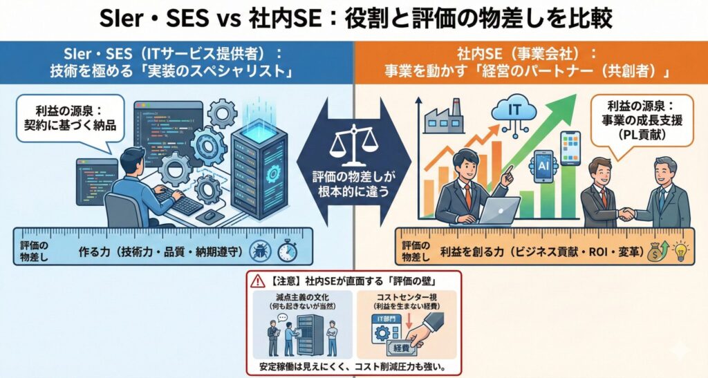 社内SEが「事業の共創者」として評価される仕組みを示す比較図。SIer・SES時代の「納品」がゴールではなく、ITを活用して「事業成長支援(PL貢献)」や「ROI向上」を実現することが、社内SEにおける新しい評価の物差しであることを説明するイラストレーション。
