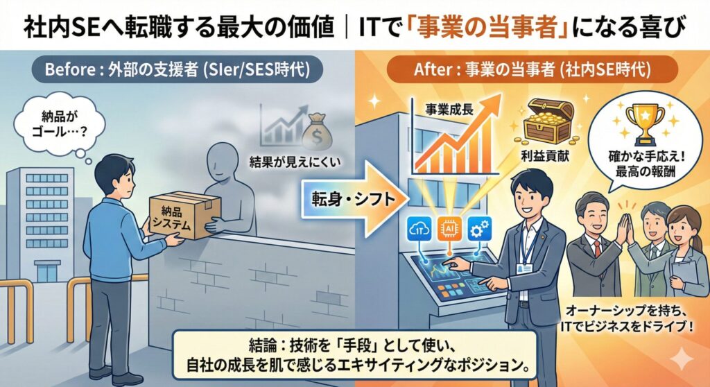 SIer・SESから社内SEへ転職する最大のメリットを示す図解。外部からシステムを納品するだけでなく、自社の一員としてITを活用し、事業の成長と利益に直接貢献できる「事業の当事者」としての喜びとやりがいを視覚化したイラストレーション。