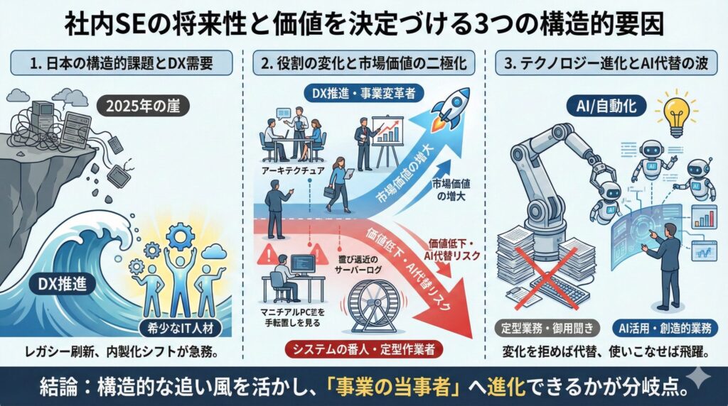 社内SEの将来性と価値を決定づける3つの構造的要因を図解。1.「2025年の崖」とDX推進による希少なIT人材への需要、2.「DX推進者」と「システムの番人」による市場価値の二極化、3.AI/自動化による定型業務の代替リスクと創造的業務へのシフトを示し、「事業の当事者」へ進化できるかが分岐点であることを解説したイラストレーション