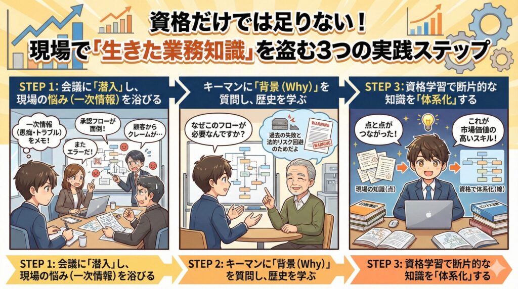 社内SEが現場で「生きた業務知識」を習得するための3つの実践ステップ(会議でメモ、キーマンに質問、資格で体系化)を描いたアニメ調のフロー図
