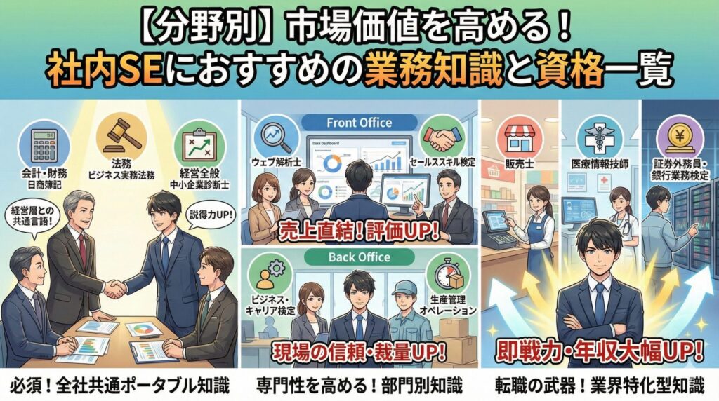 社内SEの市場価値を高める分野別おすすめ資格(簿記、ウェブ解析士、販売士など)と、それぞれのキャリアアップイメージを描いたアニメ調イラスト。