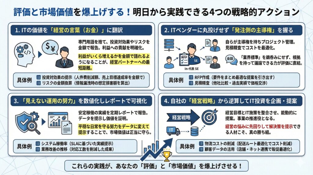 図解：「評価と市場価値を爆上げする！明日から実践できる4つの戦略的アクション」。1.ITの価値を「経営の言葉（お金）」に翻訳、2.発注側の主導権を握る、3.運用努力を数値化・可視化、4.経営戦略から逆算して提案、という4つの具体的な行動と事例をまとめたインフォグラフィック。